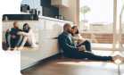 Group of images where a man and woman sit together on a floor