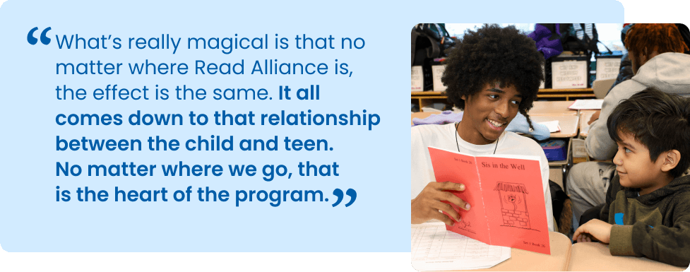 Left: quote from Read Alliance; Right: Read Alliance teen and child reading a book