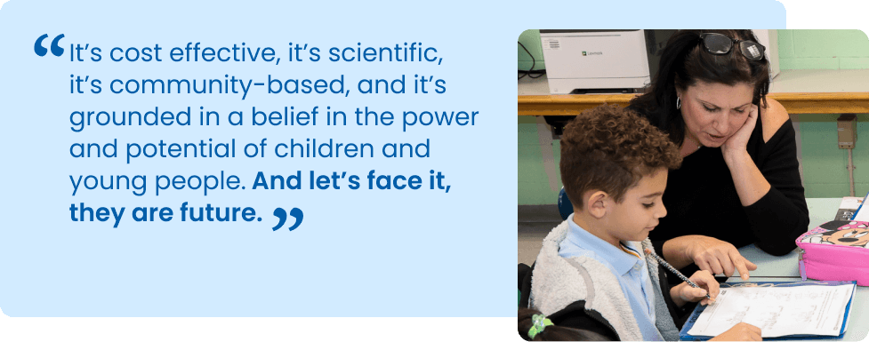 Left: quote from Read Alliance; Right: Read Alliance teen and child reading a book