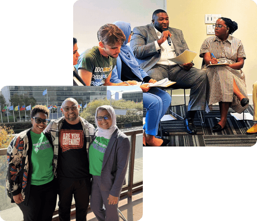 Photo collage of two groups of people